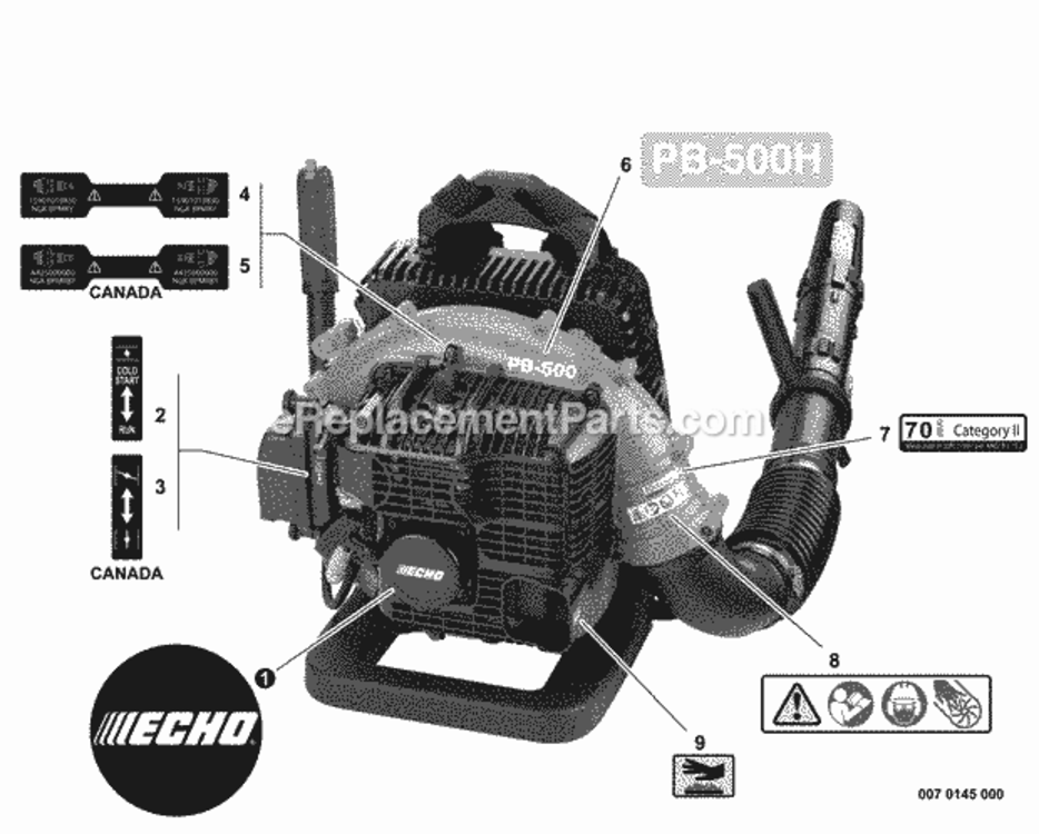 Labels Diagram and Parts List for PB-500H P31513001001 - P31513999999 Echo Leaf Blower / Vacuum