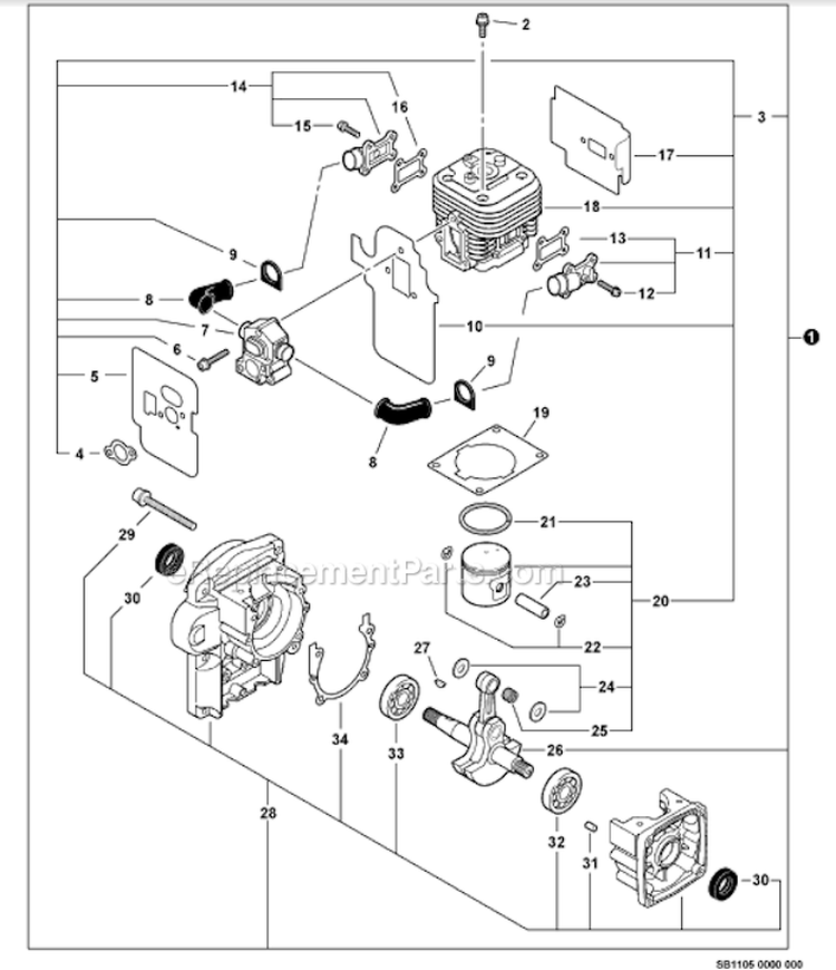 Engine, Short Block Sb1105 S/N: P02011005795 - P02011999999 Diagram and Parts List for PB-500T P02011001001-P02011999999 Echo Leaf Blower / Vacuum