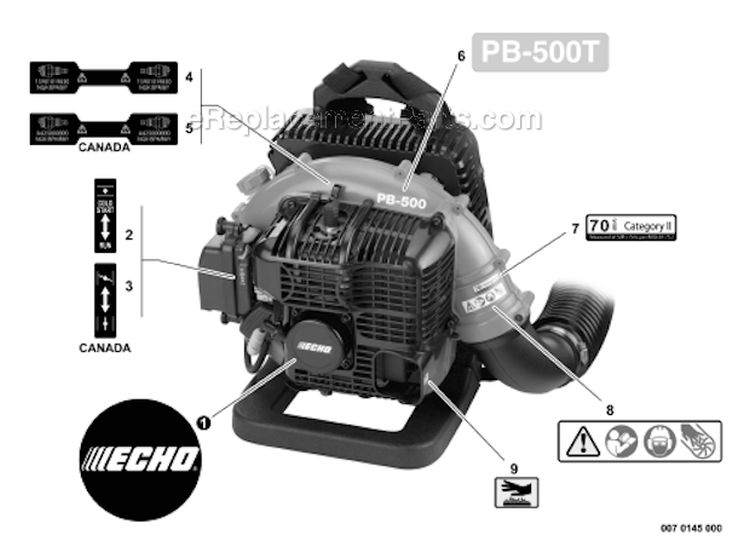 Labels Diagram and Parts List for PB-500T P02011001001-P02011999999 Echo Leaf Blower / Vacuum