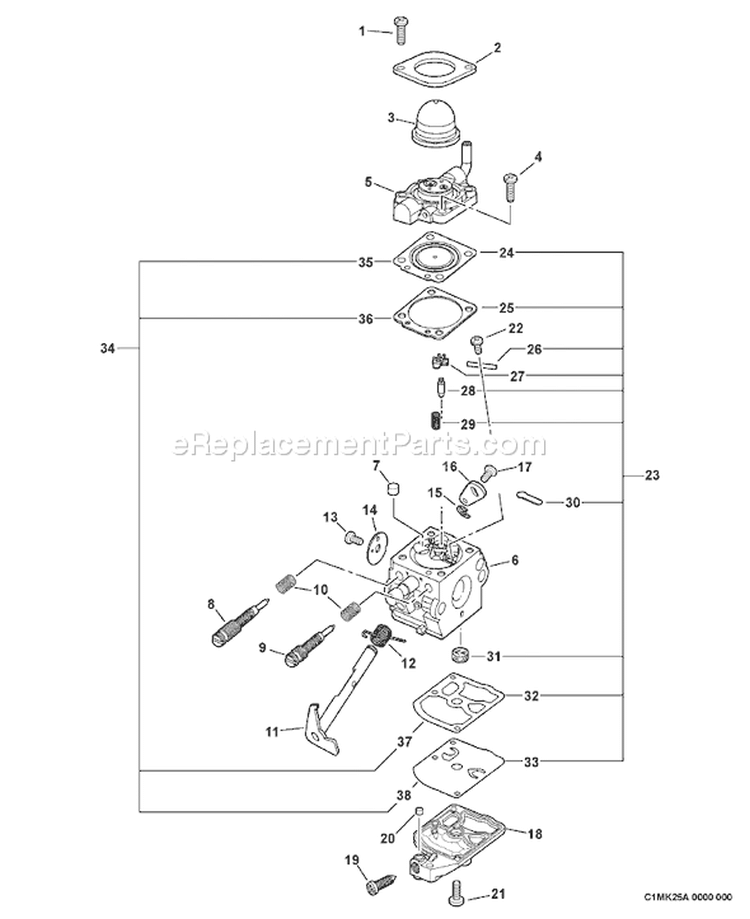 Carburetor, C1M-K25A, SN 001001-038341 Diagram and Parts List for PB-6000 Type 1 Echo Leaf Blower / Vacuum