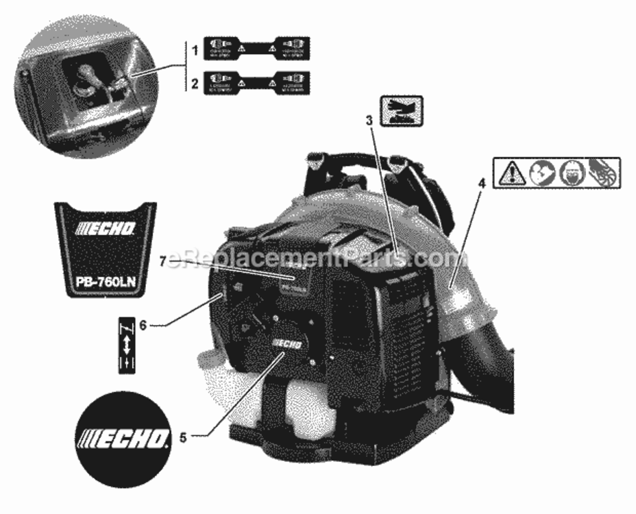 Labels Diagram and Parts List for PB-760LNT P39413001001 - P39413999999 Echo Leaf Blower / Vacuum