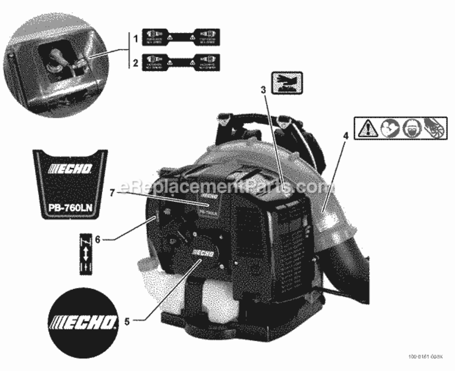 Labels Diagram and Parts List for PB-760LNT P39611001001 - P39611999999 Echo Leaf Blower / Vacuum