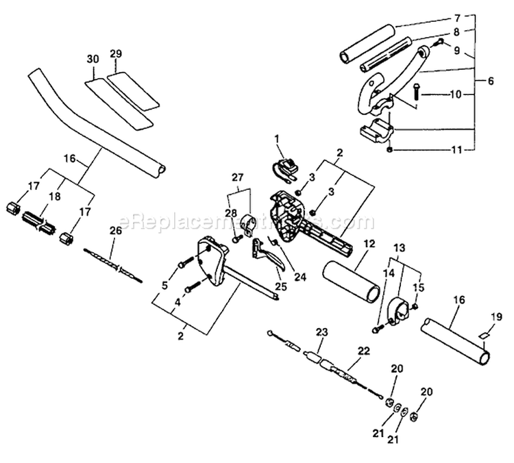 Driveshaft, Handles, Throttle, Stop Switch Diagram and Parts List for PE-2601 After S/N 001001 Echo Edger