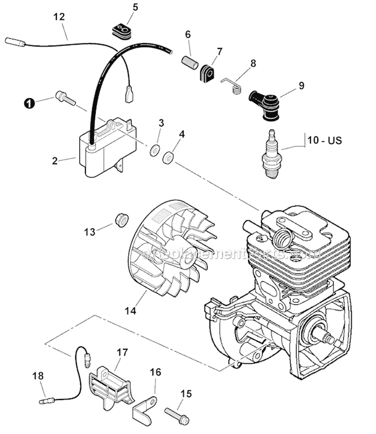 Flywheel, Ignition Diagram and Parts List for PE-266 T42912001001-T42912999999 Echo Edger