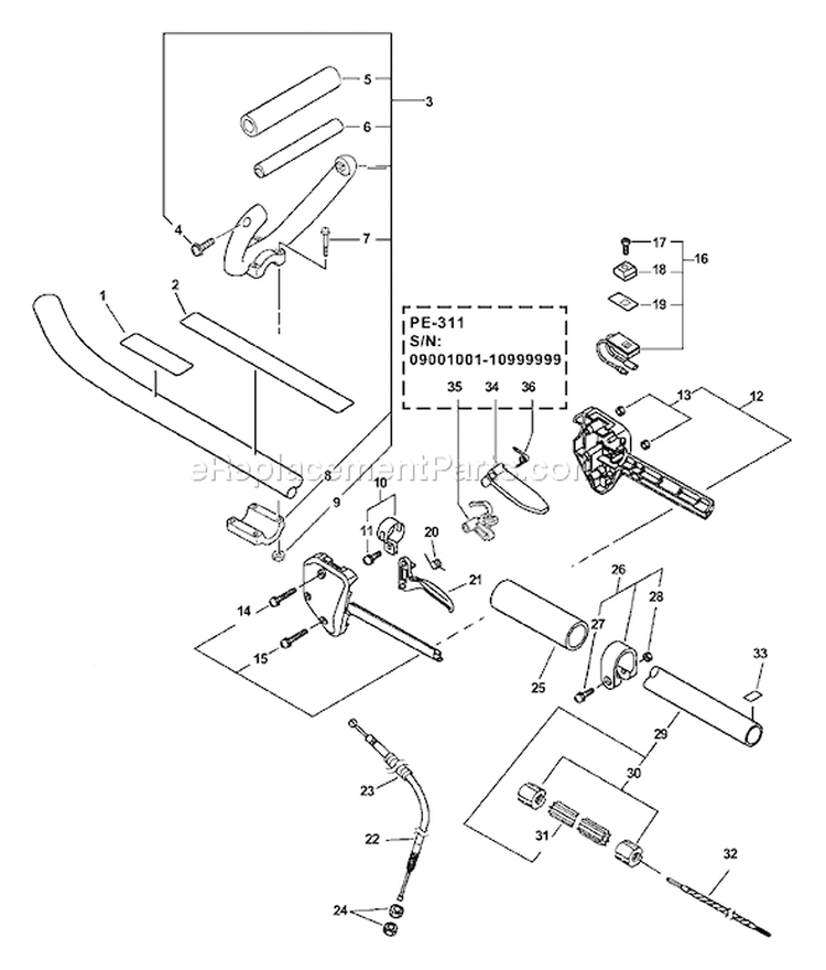 Page E Diagram and Parts List for PE-311 02001001-02999999 Echo Edger