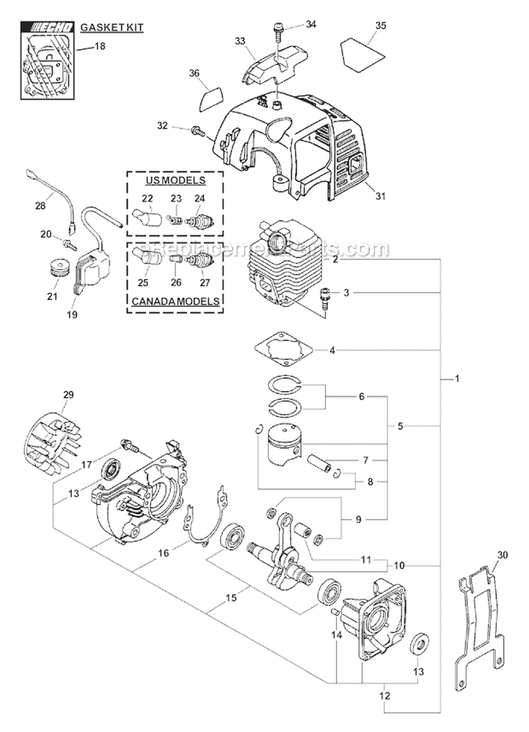 Engine, Short Block, Ignition, Cylinder Cover Diagram and Parts List for PPT-2100 Type 1E Echo Trimmer