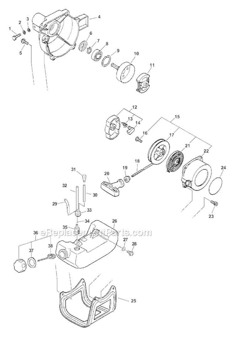 Fancase, Clutch, Starter , Fuel System Diagram and Parts List for PPT-2100 Type 1E Echo Trimmer