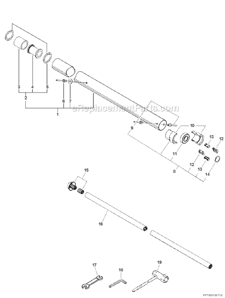 Upper Pipe, Upper Drive Shaft, Tools Diagram and Parts List for PPT-2100 Type 1E Echo Trimmer