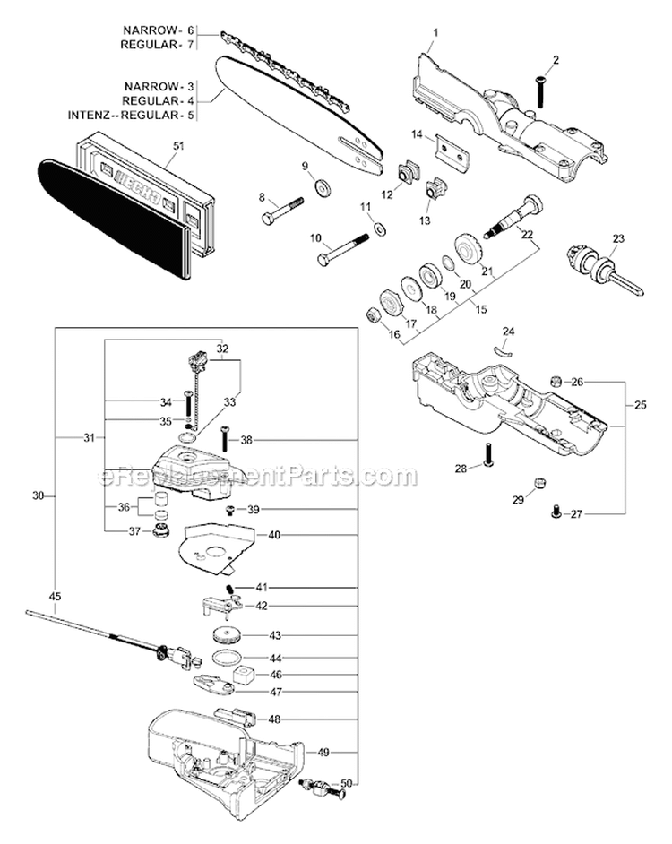 Gear Case, Auto-Oiler, Guide Bar, Chain Diagram and Parts List for PPT-2100 Type 1E Echo Trimmer