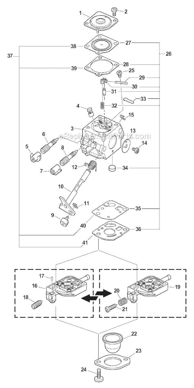 Carburetor Diagram and Parts List for PPT-2100 Type 1E Echo Trimmer