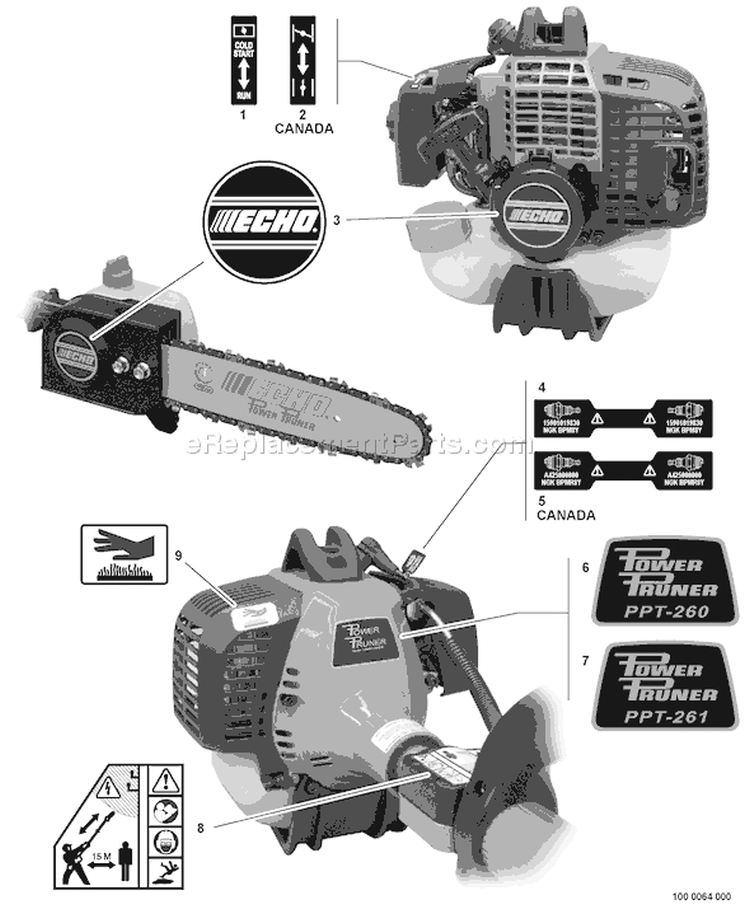 Page P Diagram and Parts List for PPT-260 07001001-07001098 Echo Pole Saw