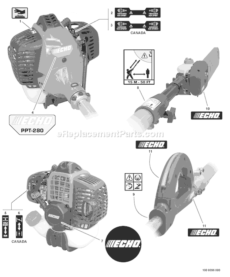 Page M Diagram and Parts List for PPT-280 E09213001001-E09213999999 Echo Pole Saw