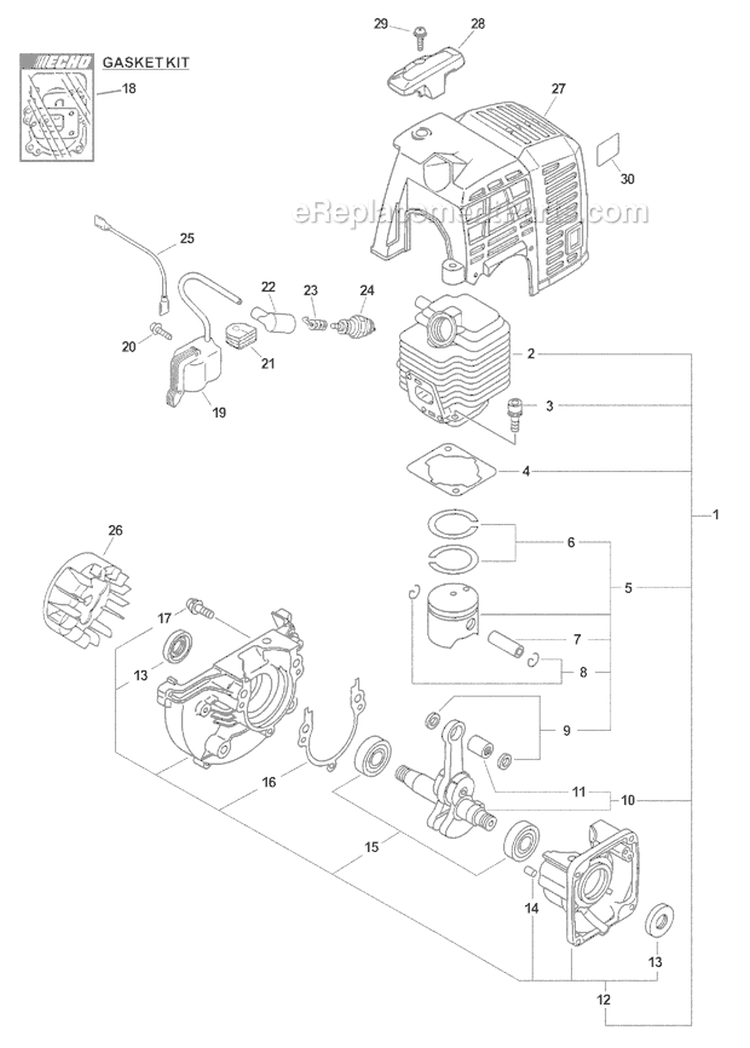 Engine Crankcase Ignition Cylinder Cover Diagram and Parts List for SHC-2100 Type 1 Echo Hedge Trimmer