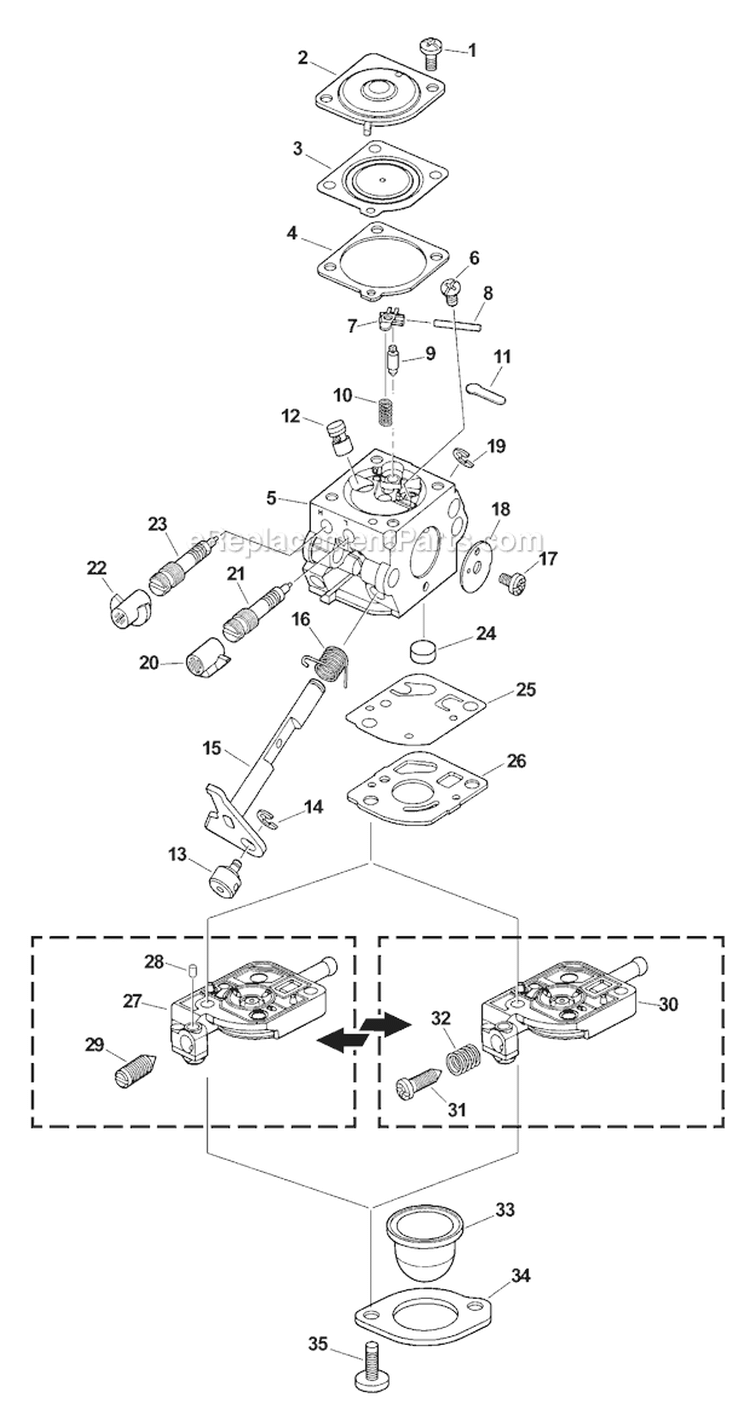 Carburetor Diagram and Parts List for SHC-2100 Type 1E Echo Hedge Trimmer