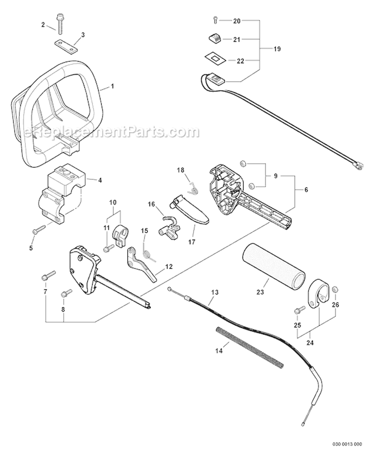 Handle Ignition Switch Throttle Cable Diagram and Parts List for SHC-210 10001001-10999999 Echo Hedge Trimmer