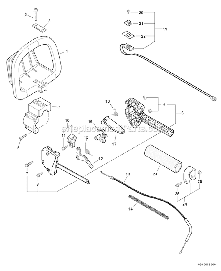 Handle Ignition Switch Throttle Cable Diagram and Parts List for SHC-210 S68911001001-S68911999999 Echo Hedge Trimmer