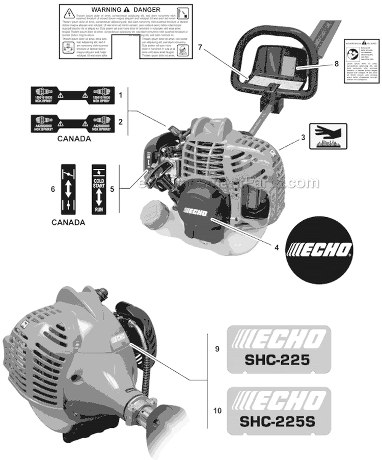 Labels and Kits Diagram and Parts List for SHC-225S S86213001001-S86213999999 Echo Hedge Trimmer