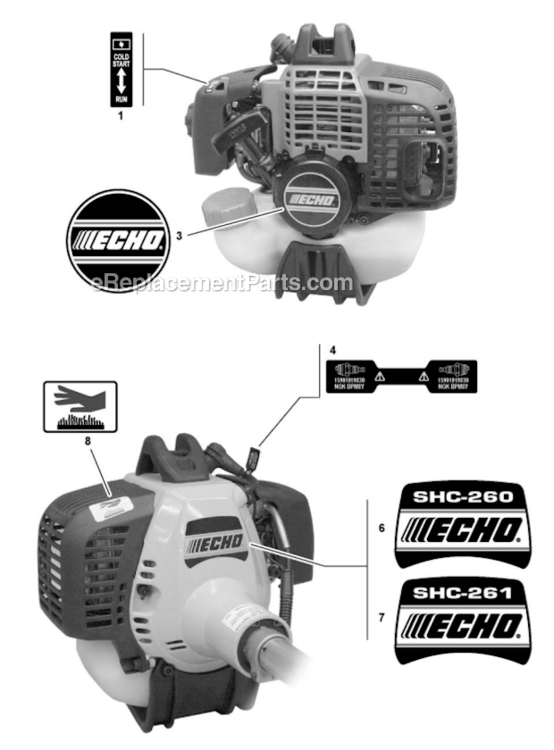 Labels Diagram and Parts List for SHC-260 05001001-05999999 Echo Hedge Trimmer