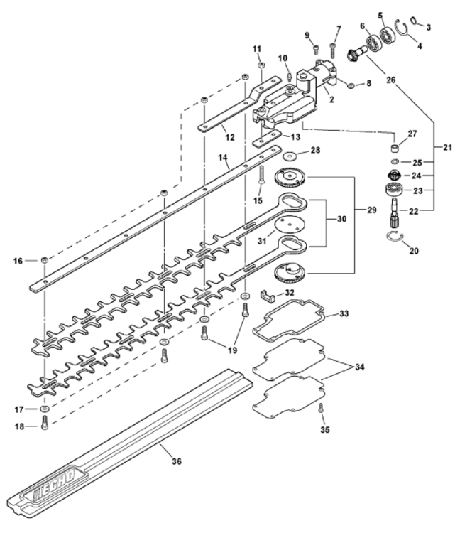 Gear Case Blades Diagram and Parts List for SHC-212  Echo Hedge Trimmer