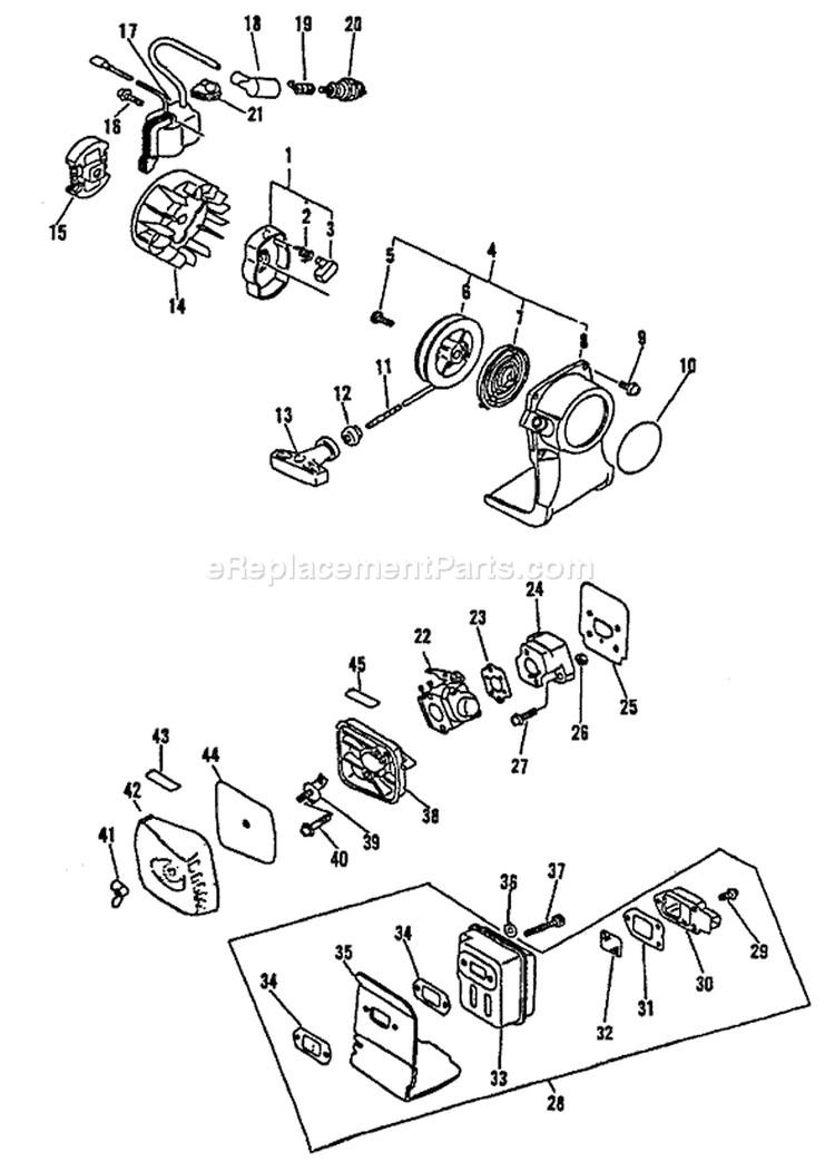 Clutch, Exhaust, Ignition, Intake,Starter Diagram and Parts List for SRM-2100 Type 1 -001001 - 159490 Echo Trimmer