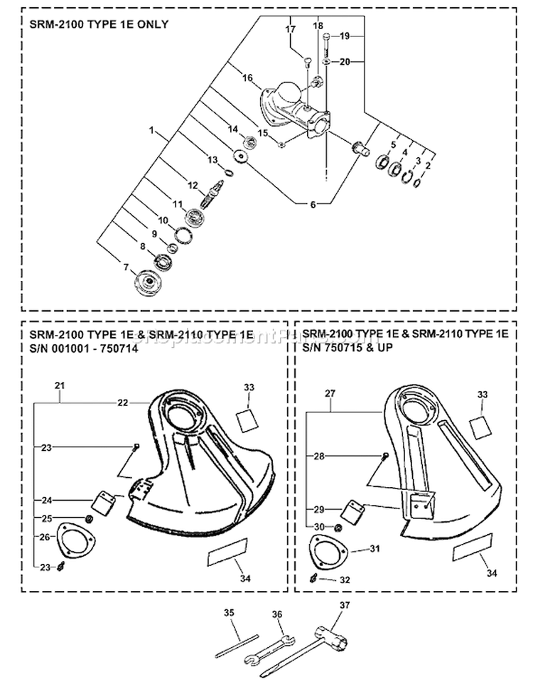 Page C Diagram and Parts List for SRM-2100 Type 1E -001001 - 008042 Echo Trimmer