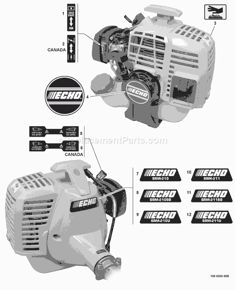 Page K Diagram and Parts List for SRM-210U S82113001001 - S82113999999 Echo Trimmer