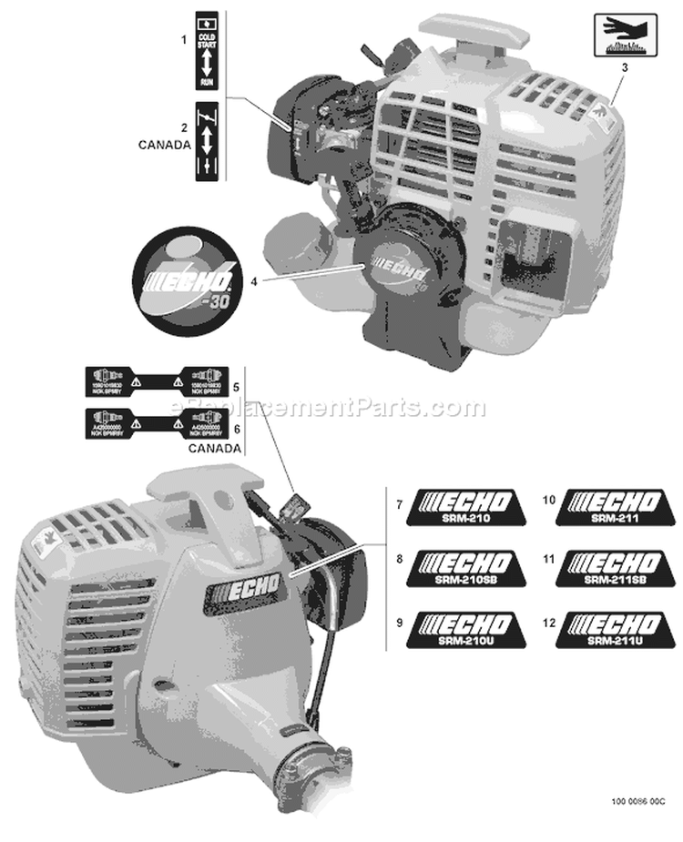 Page L Diagram and Parts List for SRM-211SB 09001001 - 09001084 Echo Trimmer