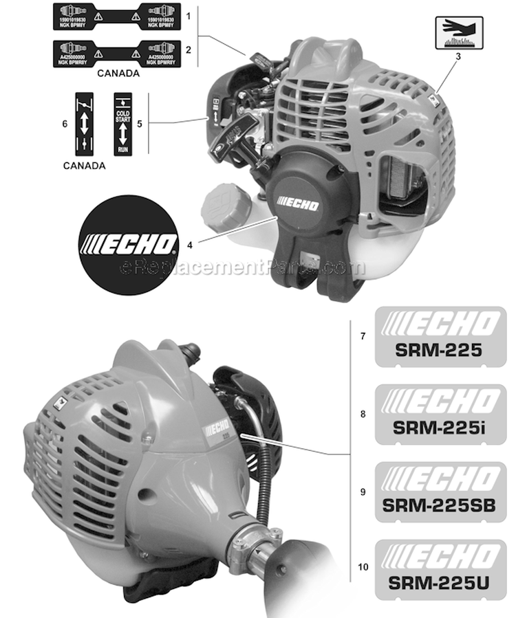 Page O Diagram and Parts List for SRM-225 S03912001001 - S03912999999 Echo Trimmer