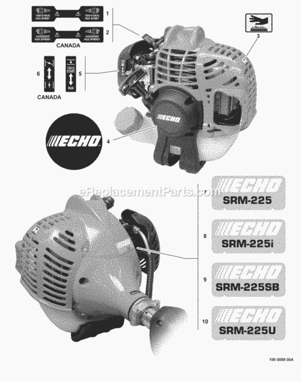 Labels Diagram and Parts List for SRM-225 S89413001001 - S89413999999 Echo Trimmer