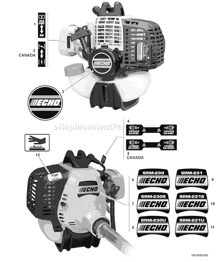 Page K Diagram and Parts List for SRM-231U 06001226 - 06999999 Echo Trimmer