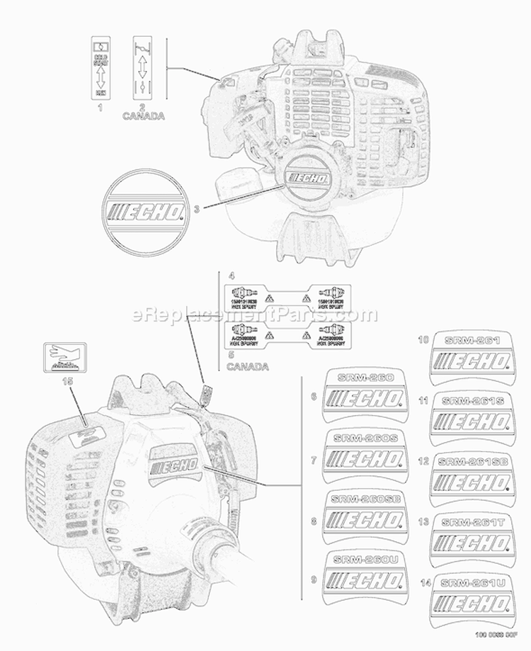 Page L Diagram and Parts List for SRM-261SB 06001001 - 06999999 Echo Trimmer