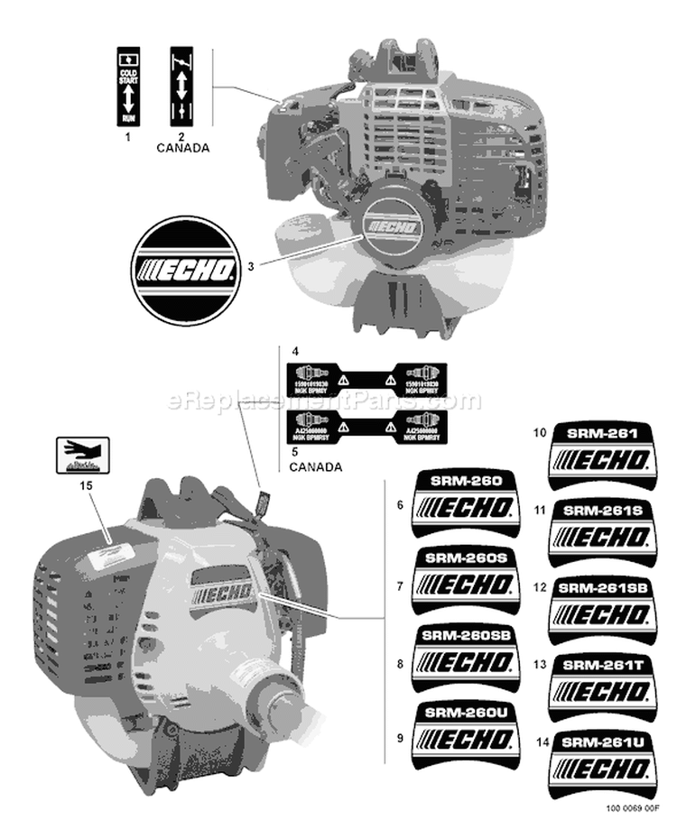 Page J Diagram and Parts List for SRM-261U 06001030 - 06999999 Echo Trimmer