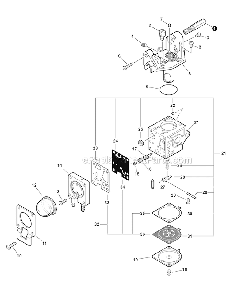 Carburetor Diagram and Parts List for SRM-266S T43313001001-T43313999999 Echo Trimmer