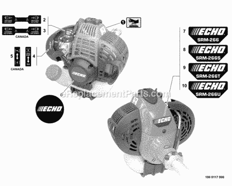 Labels Diagram and Parts List for SRM-266U T42712001001 - T42712999999 Echo Trimmer
