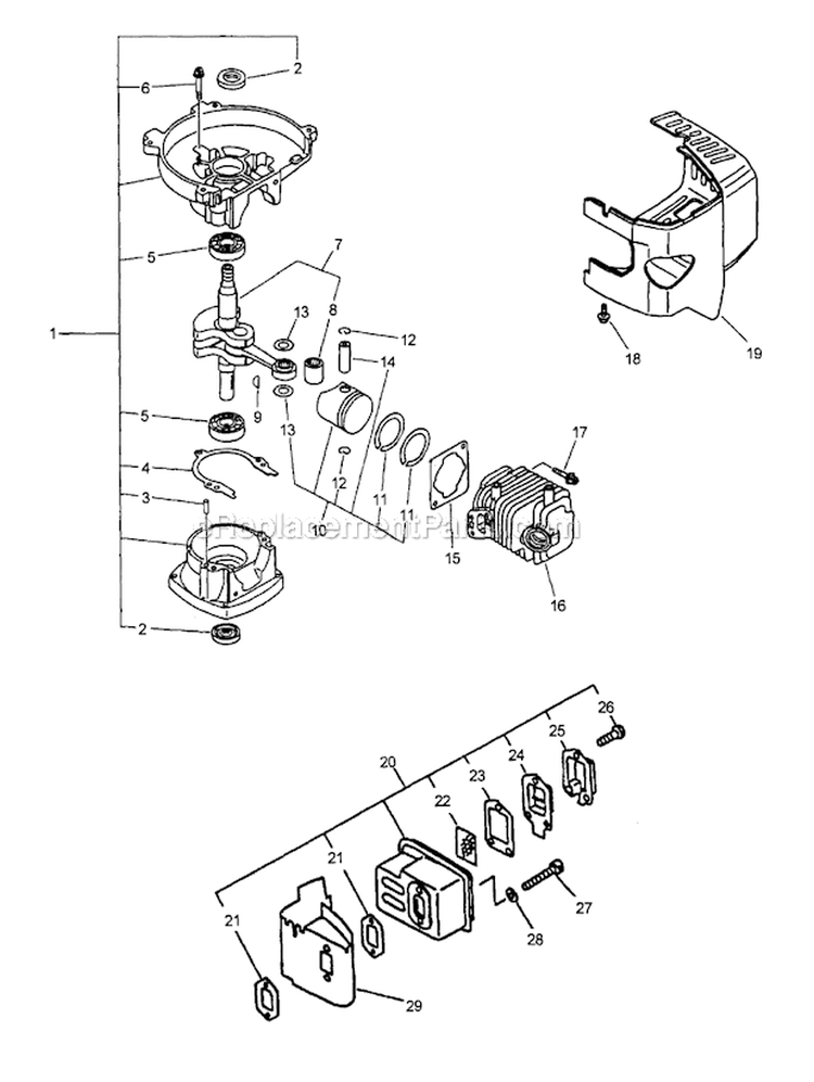 Engine Internal Crankcase Cylinder Cover Muffler Diagram and Parts List for TC-2100 Type 1 S/N: 001001-999999 Echo Tiller