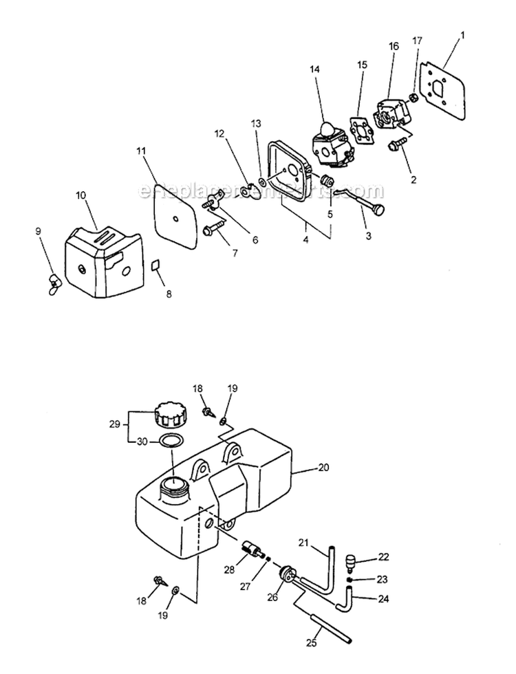 Intake Air Filter Fuel System Diagram and Parts List for TC-2100 Type 1 S/N: 001001-999999 Echo Tiller