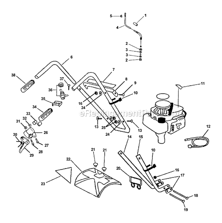 Handles Shield Throttle Stop Switch Diagram and Parts List for TC-2100 Type 1 S/N: 001001-999999 Echo Tiller