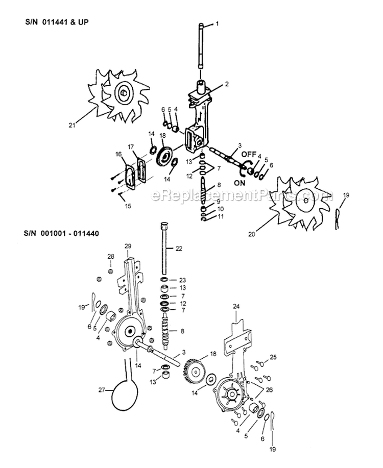 Gearcase Tines Diagram and Parts List for TC-2100 Type 1 S/N: 001001-999999 Echo Tiller