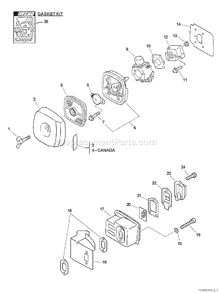 Page E Diagram and Parts List for TC-210I 07001001-07999999 Echo Tiller