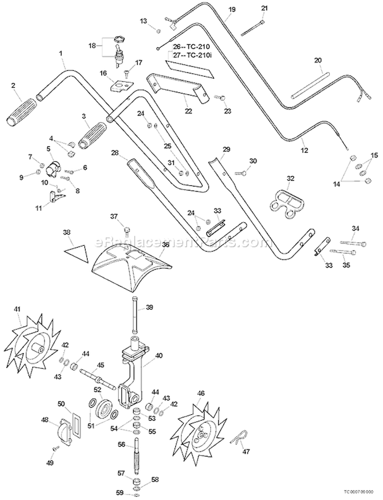 Page D Diagram and Parts List for TC-210I 07001001-07999999 Echo Tiller