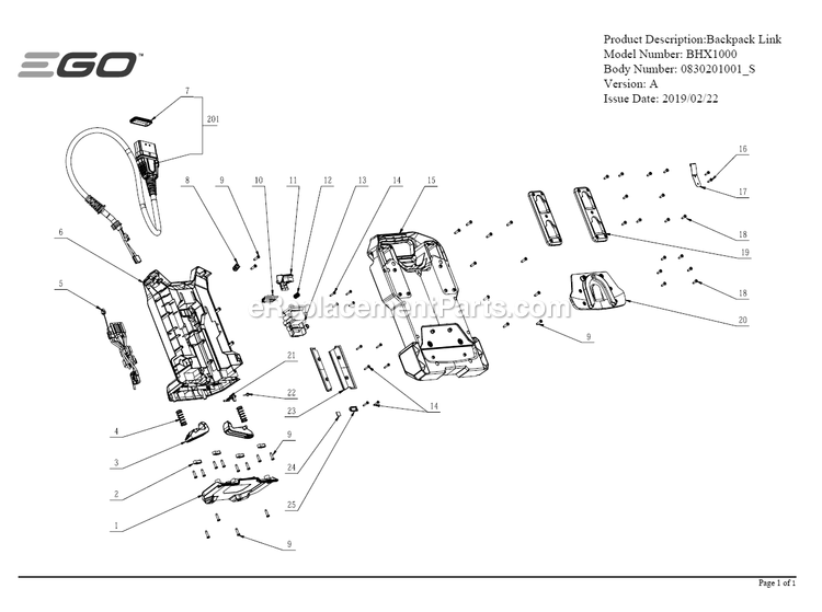 Page A Diagram and Parts List for BHX1000 A Ego Leaf Blower / Vacuum