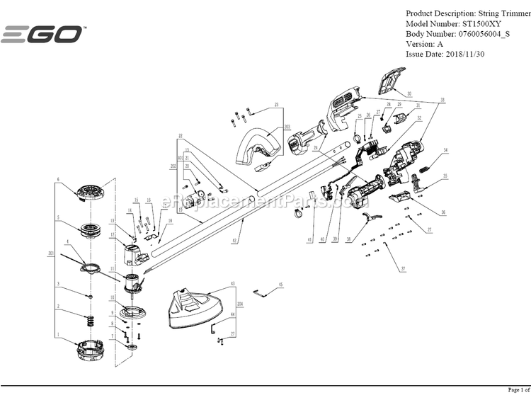 Page A Diagram and Parts List for ST1500XY A Ego Trimmer