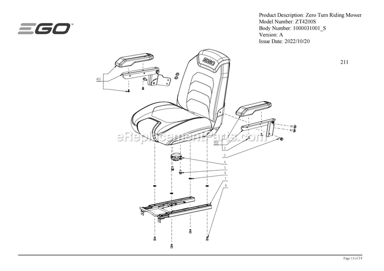 Page D Diagram and Parts List for ZT4200S A Ego Lawn Mower