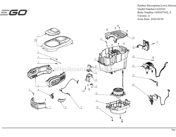 Page B Diagram and Parts List for LM2020 A Ego Lawn Mower