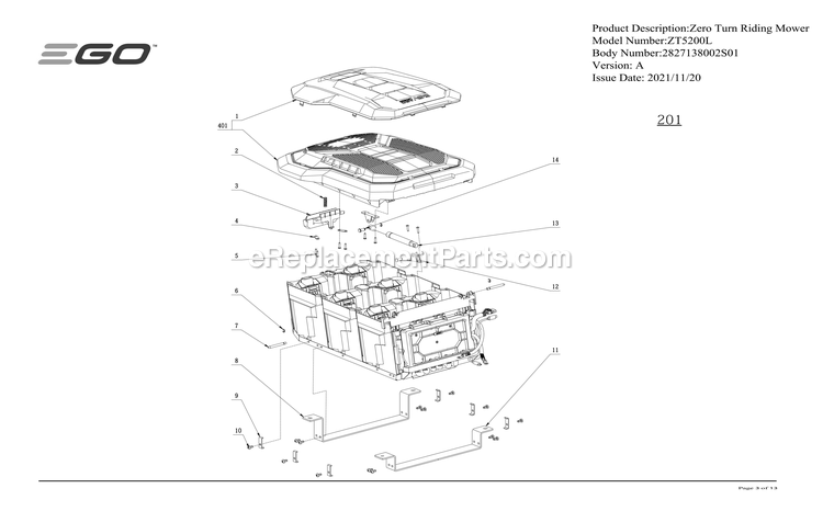 Page C Diagram and Parts List for ZT5200L A Ego Lawn Mower