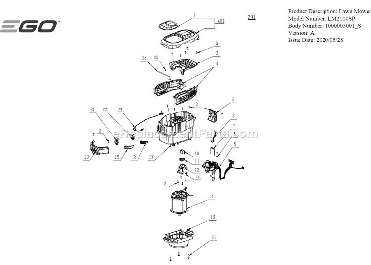 Page B Diagram and Parts List for LM2100SP A Ego Lawn Mower