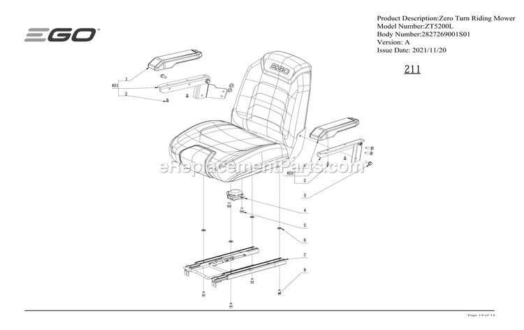 Page L Diagram and Parts List for ZT5200L A Ego Lawn Mower