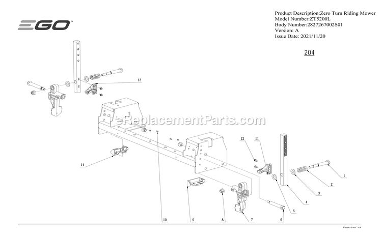 Page F Diagram and Parts List for ZT5200L A Ego Lawn Mower