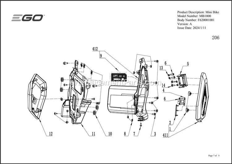 Page G Diagram and Parts List for MB1000 A Ego Lawn Tractor Accessories