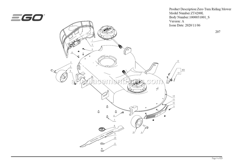 Page M Diagram and Parts List for ZT4200L A Ego Lawn Mower